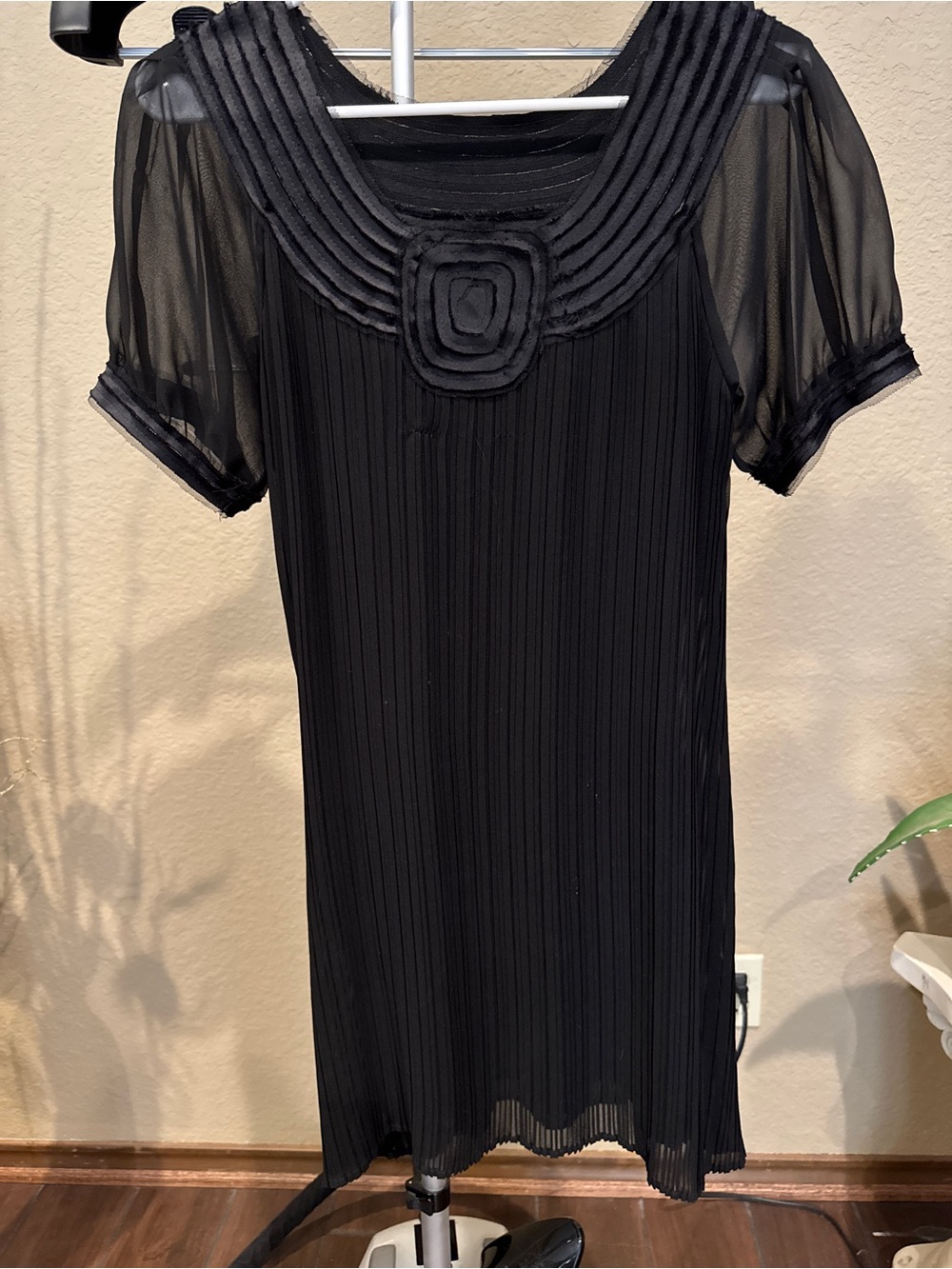Elegant Black Pleated Sheer Sleeve Tunic/Dress